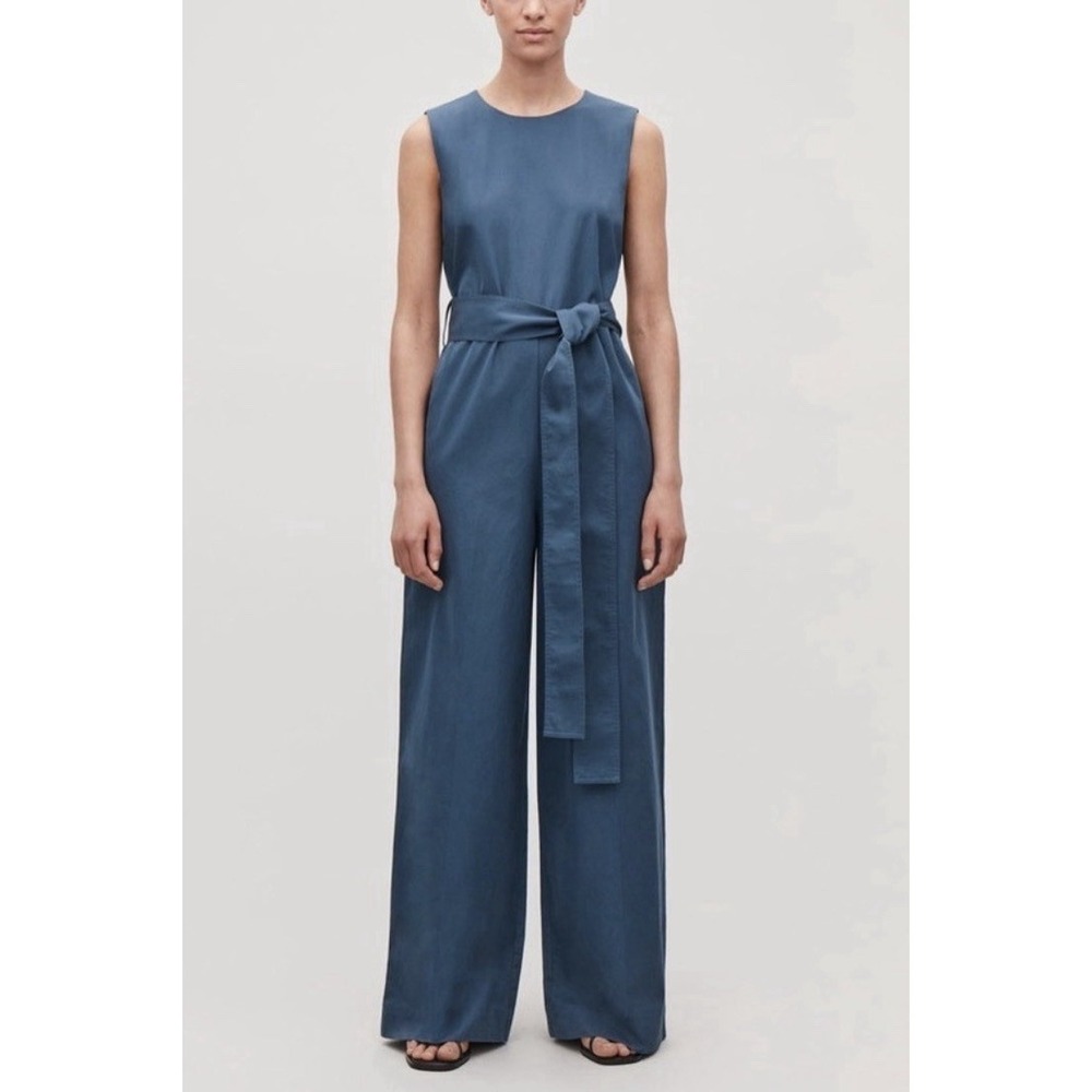 NWT COS Blue Satin Wide Leg Jumpsuit Sleeveless Tied Belt Utility Minimalist XS